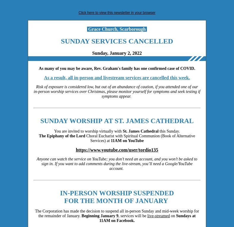Sunday Services Cancelled - January 2, 2022